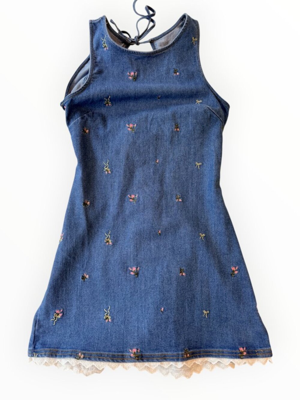 Embroidered Floral Denim Mini Dress Lace Trim Tie Back